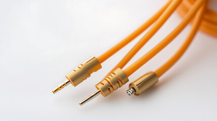 Naklejka premium Three orange cables with gold connectors on a white surface. Wires are for audio, charging, and data transfer. Technology accessories connecting devices.