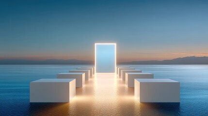 Serene Pathway to Imagination with Futuristic Doorway Surrounded by Calm Water and Majestic Mountains Under a Tranquil Blue Sky at Dawn