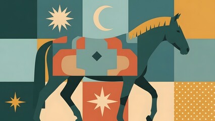 A colorful illustration of a horse with a saddle and stars in the background in a patchwork style
