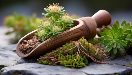 medicinal herbs featuring rhodiola rosea with robust roots and powerful healing effects