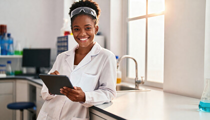 Woman scientist smiles while holding a tablet in a modern lab with natural light and safety goggles, conveying professionalism and approachability, with clear counter and window area available for tex