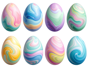 Collection of Vibrant Blue Wildflowers, isolated on a transparent background  Set of Colorful Abstract Easter Eggs with Swirl Patterns, isolated on a transparent 