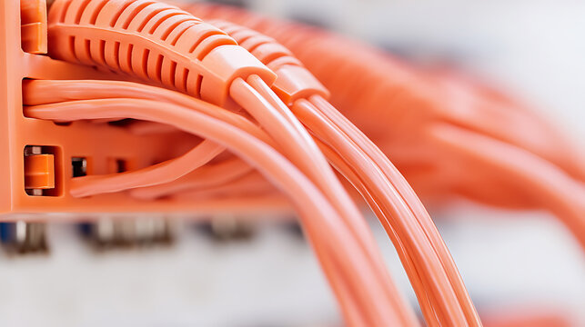 A close-up of orange data cables connected to a patch panel, showcasing network infrastructure and connectivity solutions for data transfer and communication. - Powered by Adobe