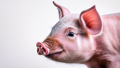 close up of a pink piglet against a white background the piglet appears soft and fluffy