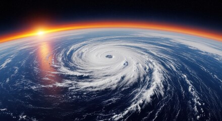 Hurricane over Earth spirals above the ocean as sunrise lights the planet limb from orbit, revealing cloud structure and curvature. Expansive dark space along the top right provides clear area availab