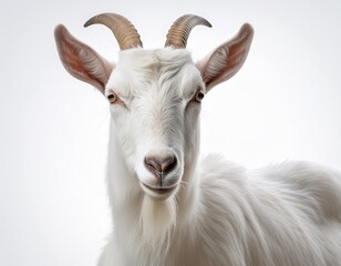 a white goat with short horns stands against a plain white background the goat s fur appears textured