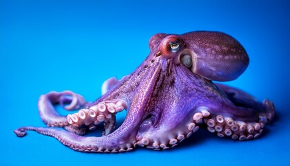 close up view of a purple octopus with iridescent highlights against a solid blue background