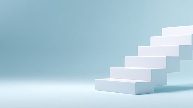 Minimalist White Staircase Against Soft Blue Background Representing Ascent, Growth, Opportunity, Success, and Achievement in Modern Design