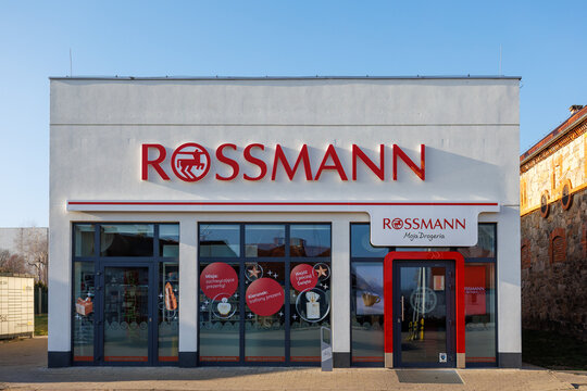 Zarow, Poland &ndash; December 26, 2025: Front view of a Rossmann drugstore with entrance, windows and visible signage in a small town area.