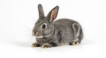 Obraz premium Adorable Gray Rabbit Resting on White Background, Studio Shot, Pet Portrait.