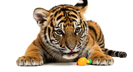 Fototapeta premium Adorable Tiger Cub with Colorful Treat, Studio Portrait.