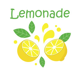 Lemon cut into 2 halves. Lemonade text.