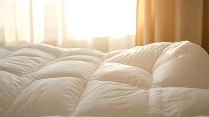 Serene bedroom scene with a soft, inviting comforter bathed in gentle morning light. The simplicity creates a calming effect, ideal for rest and relaxation.