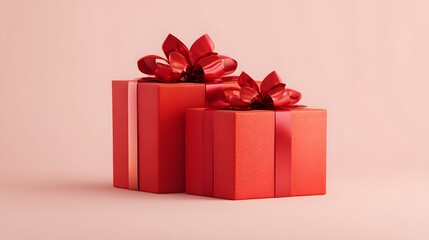 Obraz premium Two red gift boxes with red bows on a pink background with shadow