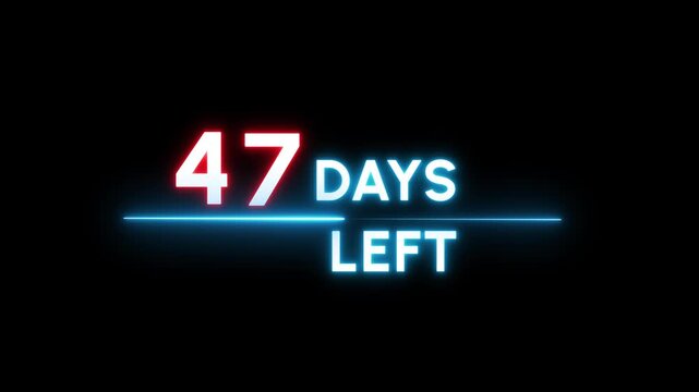47 Days countdown number animation. Neon counter day text number.  Neon counting days on black background.