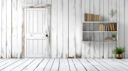 Pink door on weathered white wooden wall.White Door and Wall.