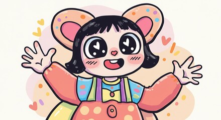 Naklejka premium Animated Mouse Character, Cartoonish, Welcoming Pose, Pastel Colors.