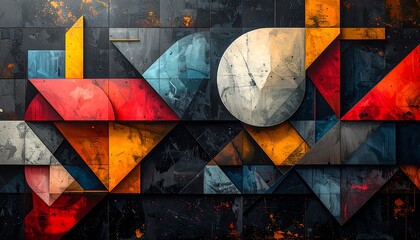 An abstract, geometric composition featuring colorful shapes, textures, and angles, arranged against a dark backdrop