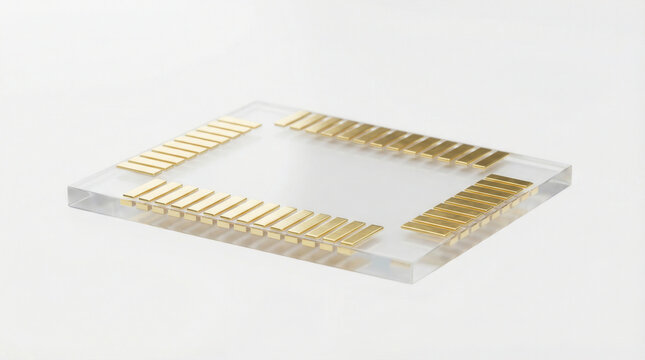 Gold contact pads on a transparent acrylic carrier are arranged in parallel rows for electronic connections and circuit testing. A clean white studio background emphasizes precise alignment and reflec