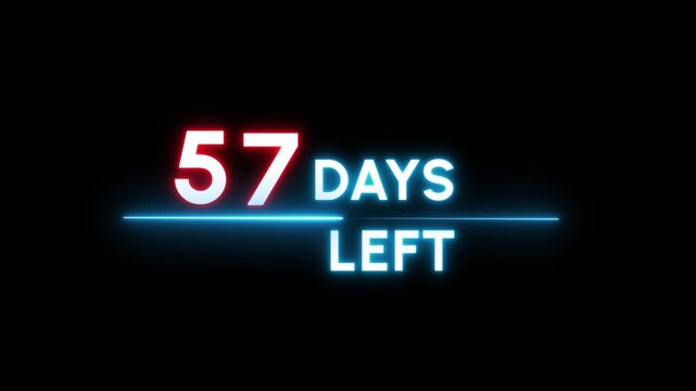 57 Days countdown number animation. Neon counter day text number.  Neon counting days on black background.