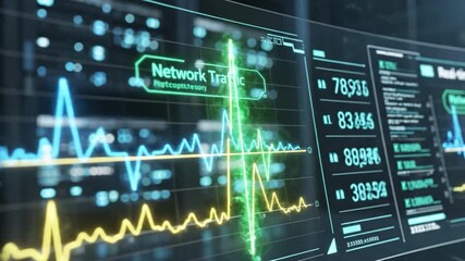 Network traffic dashboard data visualization heartbeat waveform analytics monitoring cyber. real time data dashboard displaying live network metrics, layered waveform charts, glowing grid - Powered by Adobe