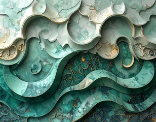 Abstract layered design with wave-like shapes in shades of teal, white, and gold