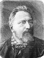 Nikolai Leskov (1831-1895), the renowned Russian writer known for his unique prose style and vivid character depictions, old vintage illustration, 1899