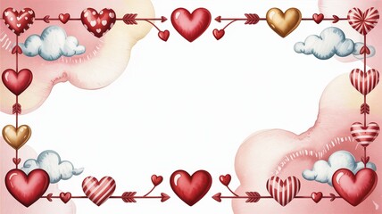 Floating Red Gold and Pink Heart Balloons with Clouds and Ribbons on Soft Pastel Background hearts