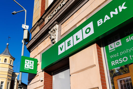 Zarow, Poland &ndash; December 26, 2025: Close-up of VeloBank sign above the bank entrance on a city street.