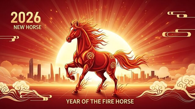 Vibrant Illustration Capturing the Dynamic Spirit of the 2026 Fire Horse Chinese Zodiac Celebration