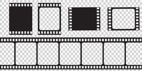 Old retro movie film strip set with grunge texture isolated on white background. Film strip templates. Cinema and filmmaking concept.