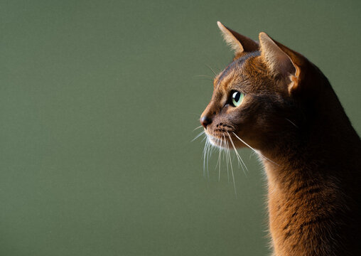 side view of fawn colored abyssinian cat looking ahead at copy space on green background