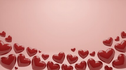 Floating Glossy Red Hearts Scattered Across Soft Gradient Pink Background