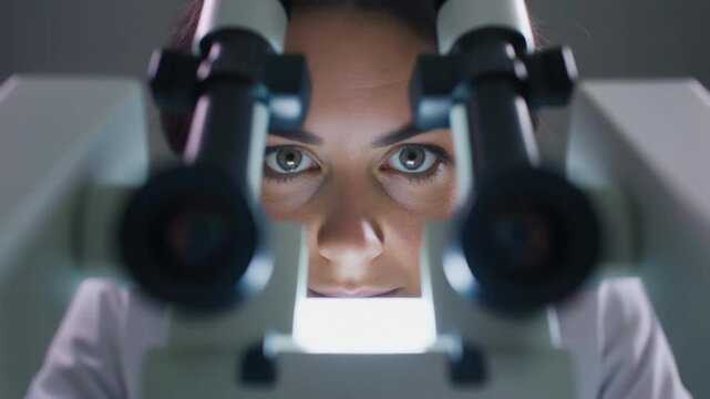 Scientist intently examining specimen under microscope in laboratory setting.