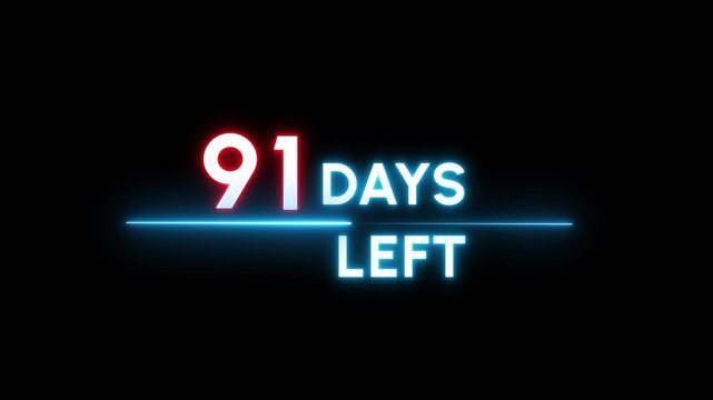 91 Days countdown number animation. Neon counter day text number.  Neon counting days on black background.