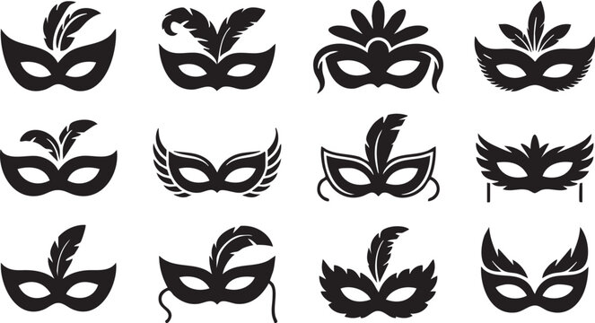 set of vector black carnival masks