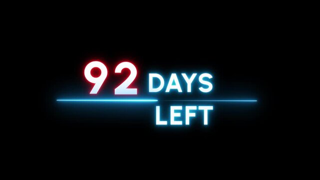 92 Days countdown number animation. Neon counter day text number.  Neon counting days on black background.