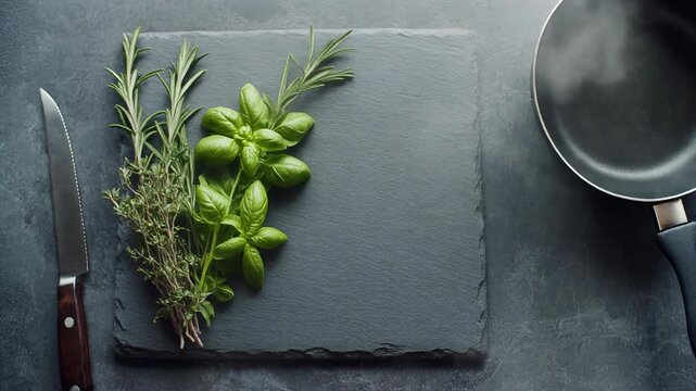 Aesthetic Kitchen Setup with Fresh Herbs on Slate, Blending Practicality and Style for Modern Living, Enhancing Interior Design and Home Decor