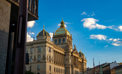 National Museum building in Prague under blue sky.