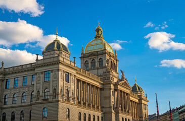 National Museum building in Prague under blue sky.