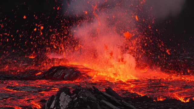 Molten lava flows with smoke and steam rising from volcanic eruption at night