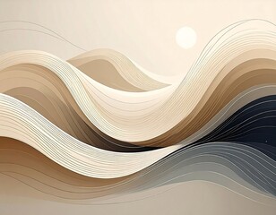 Abstract layered waves of tan, beige, and gray, sun above. Soft, flowing forms create depth