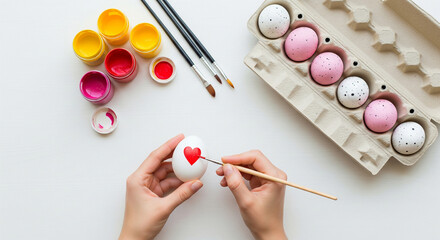 Person carefully painting a bright red heart symbol onto a plain white egg using a fine-tipped paintbrush surrounded by colorful paint pots and speckled pastel eggs resting in a cardboard carton view