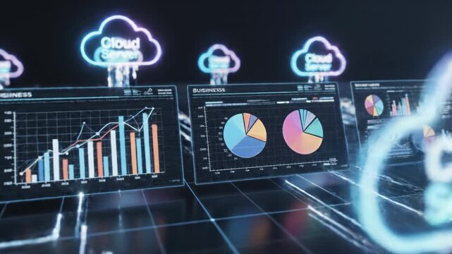 Cloud server analytics dashboard combining interactive charts graph visuals and business data trend pie chart insights with glowing network visualization secure remote storage streaming data