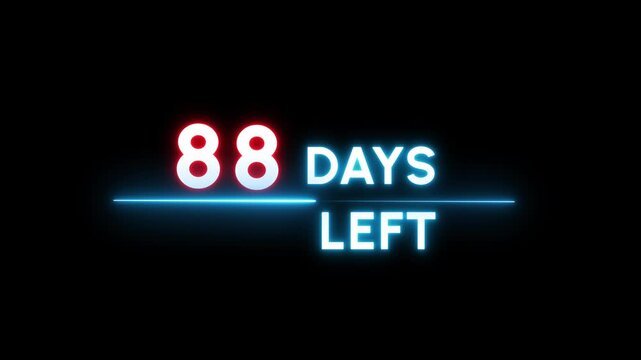 88 Days countdown number animation. Neon counter day text number.  Neon counting days on black background.