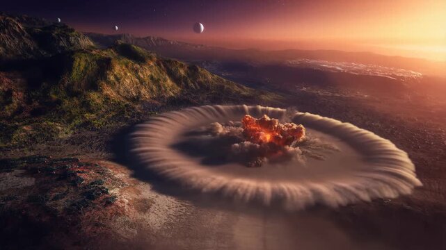 Futuristic plasma beam triggers massive explosion and shockwave on alien rocky planet at sunset