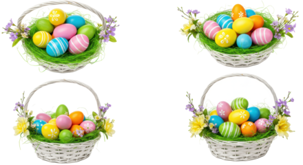 Four distinct white wicker easter baskets, vibrant patterned eggs, green grass, spring flowers, and ribbons on a transparent background with copy space. Cheerful Easter holiday concept