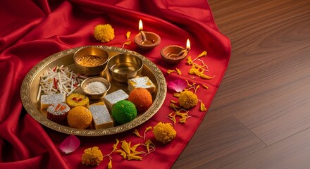 Traditional Indian festival puja thali with sweets, diya lamps,