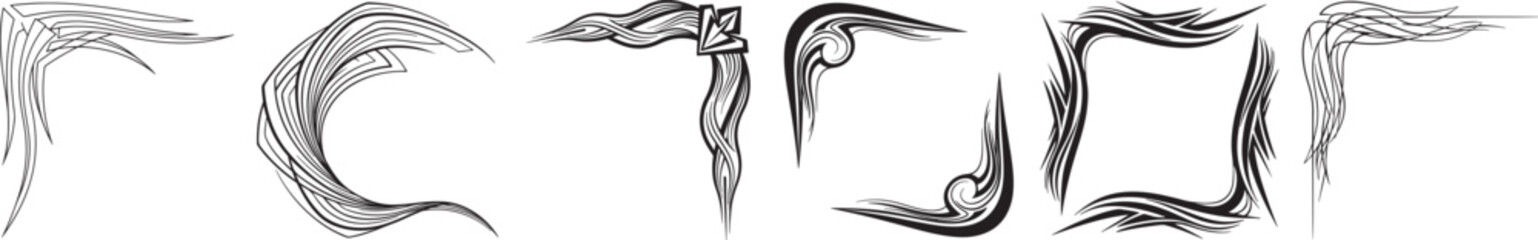 Fototapeta premium Set of abstract hand-drawn corner ornaments, flowing line art decorative borders for creative frames, elegant black swirl dividers and floral vector elements.