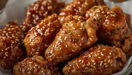 Sticky chicken wings covered in shiny sauce with sesame seeds and herbs
